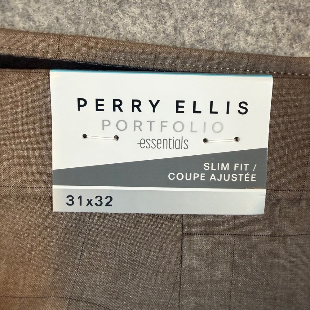 Perry Ellis Portfolio Essentials Slim Fit Tan Windowpane Dress Pants 31x32 NEW - Picture 3 of 10
